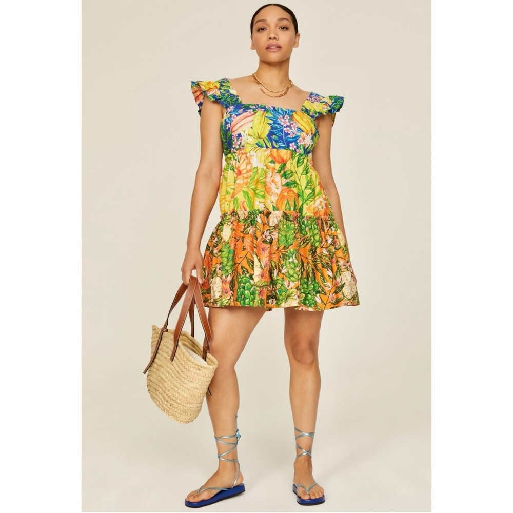 FARM Rio Caipirinha Green Yellow Vibrant Print Tiered Sleeveless Mini Dress - XL - Picture 2 of 14